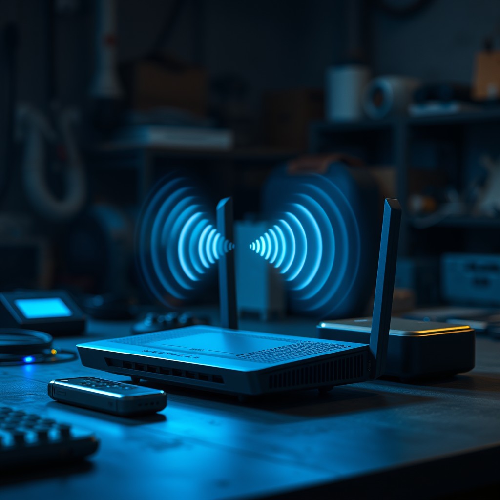 Wi-Fi router broadcasting on two bands to smart devices on a workbench