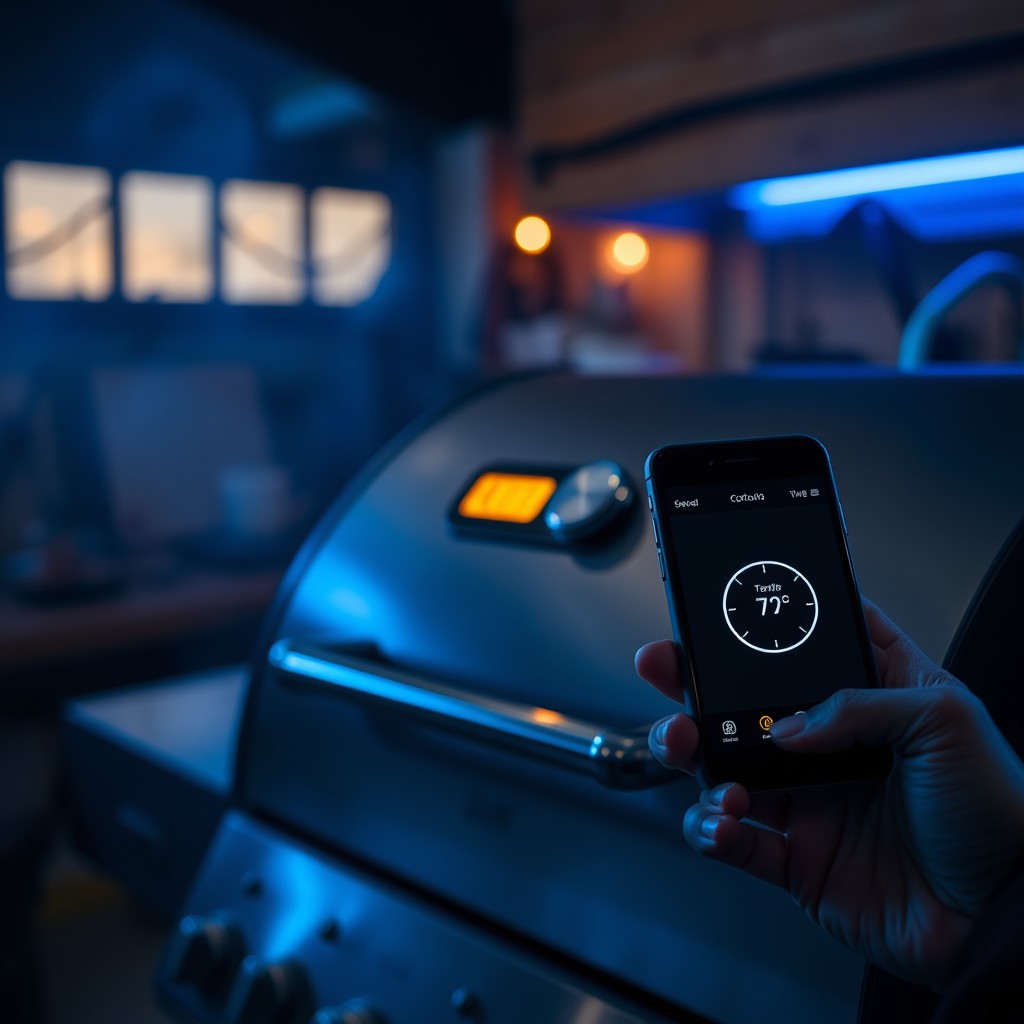 Connected grill controller with companion phone app showing temperature